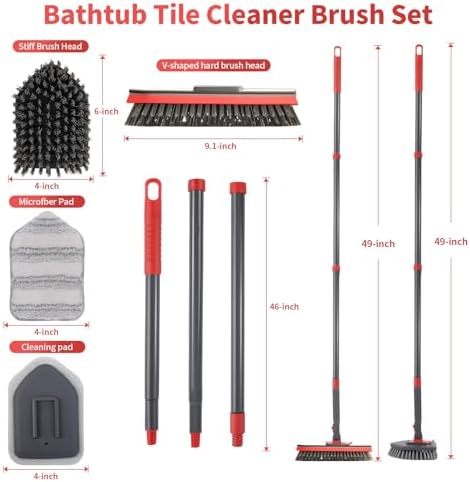 Hohoky Tile Tub Scrubber Brush No Scratch with 4 Heads 51 Handle
