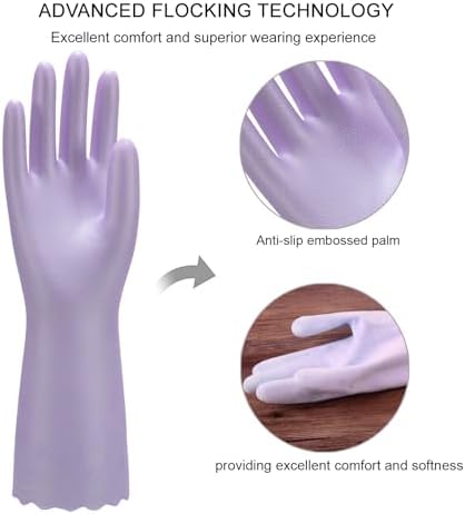 Bamllum Reusable Rubber Dishwashing Gloves - 2 Pairs Non-Slip Comfortable Pink Purple