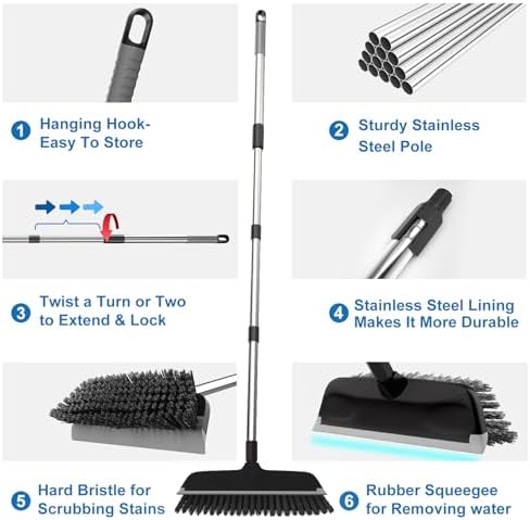 ITTAR 2-in-1 Scrubber Squeegee Brush with 53 Long Handle