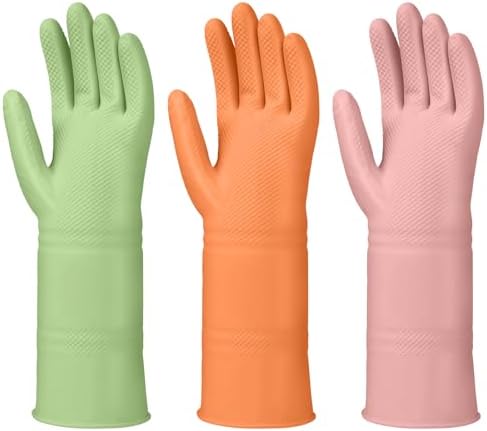 LYKACATT Reusable Rubber Dish Washing Gloves 3 Pairs Non-Slip Kitchen Gloves