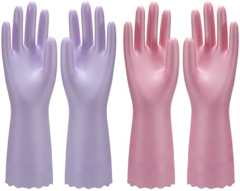 Bamllum Reusable Rubber Dishwashing Gloves - 2 Pairs Non-Slip Comfortable Pink Purple