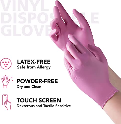 OriStout Pink Vinyl Gloves 100 Pack Womens Medium Non-Latex