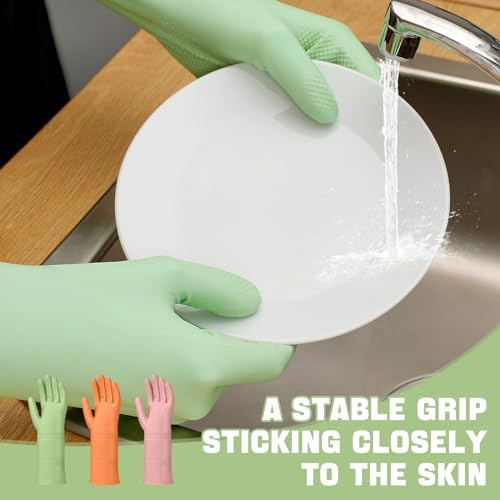 LYKACATT Reusable Rubber Dish Washing Gloves 3 Pairs Non-Slip Kitchen Gloves
