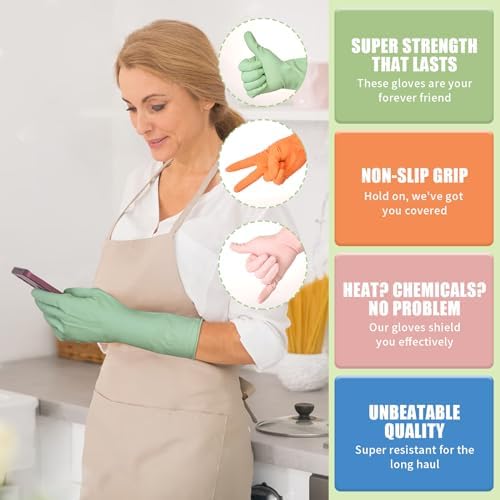 LYKACATT Reusable Rubber Dish Washing Gloves 3 Pairs Non-Slip Kitchen Gloves