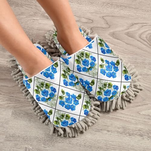 Burbuja Blue Flowers Mop Slippers for Home Cleaning