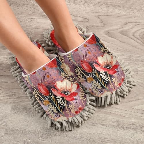 RunningBear Red Flowers Floral Mop Slippers for Women