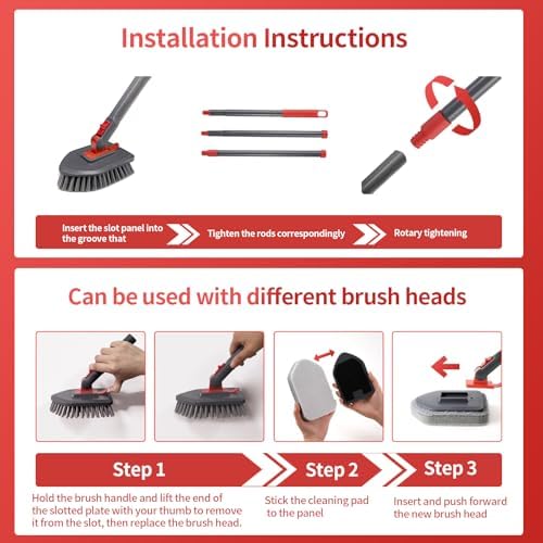 Hohoky Tile Tub Scrubber Brush No Scratch with 4 Heads 51 Handle