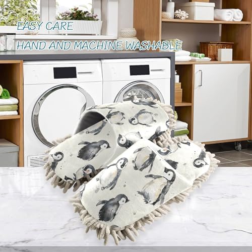 White Cute Penguins Mop Slippers for Home Cleaning