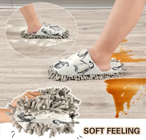 White Cute Penguins Mop Slippers for Home Cleaning