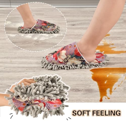 RunningBear Red Flowers Floral Mop Slippers for Women