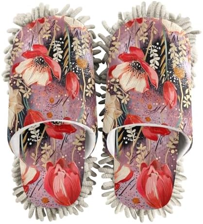 RunningBear Red Flowers Floral Mop Slippers for Women