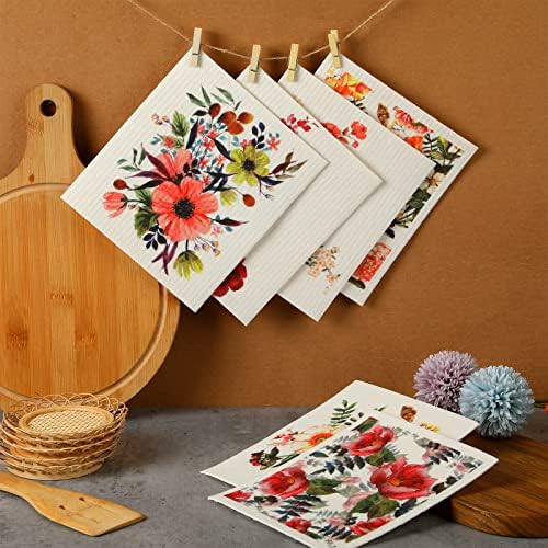 Cunhill 6 Pcs Swedish Flower Dish Cloths Reusable and Washable