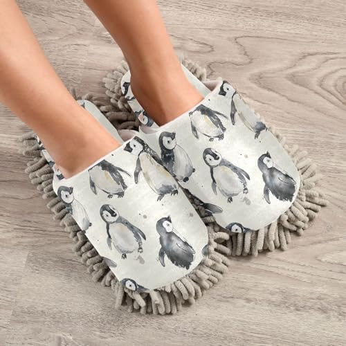 White Cute Penguins Mop Slippers for Home Cleaning
