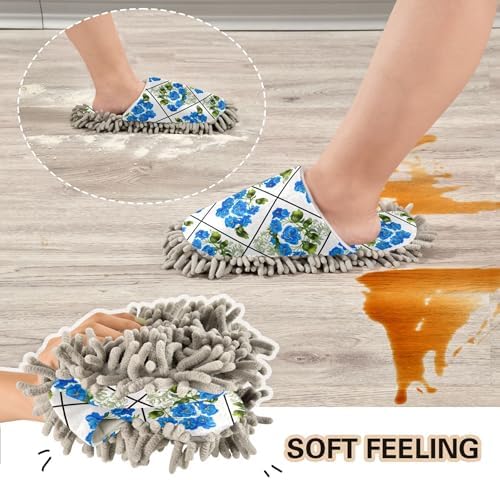 Burbuja Blue Flowers Mop Slippers for Home Cleaning