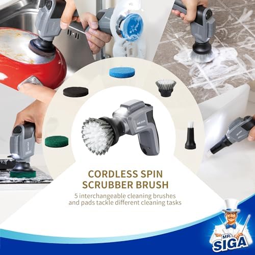 MRSIGA Cordless Spin Scrubber with 5 Brushes