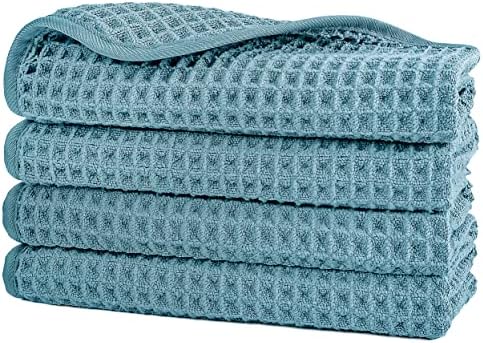 POLYTE Microfiber Lint Free Washcloth 13x13in 4 Pack Green Waffle Weave