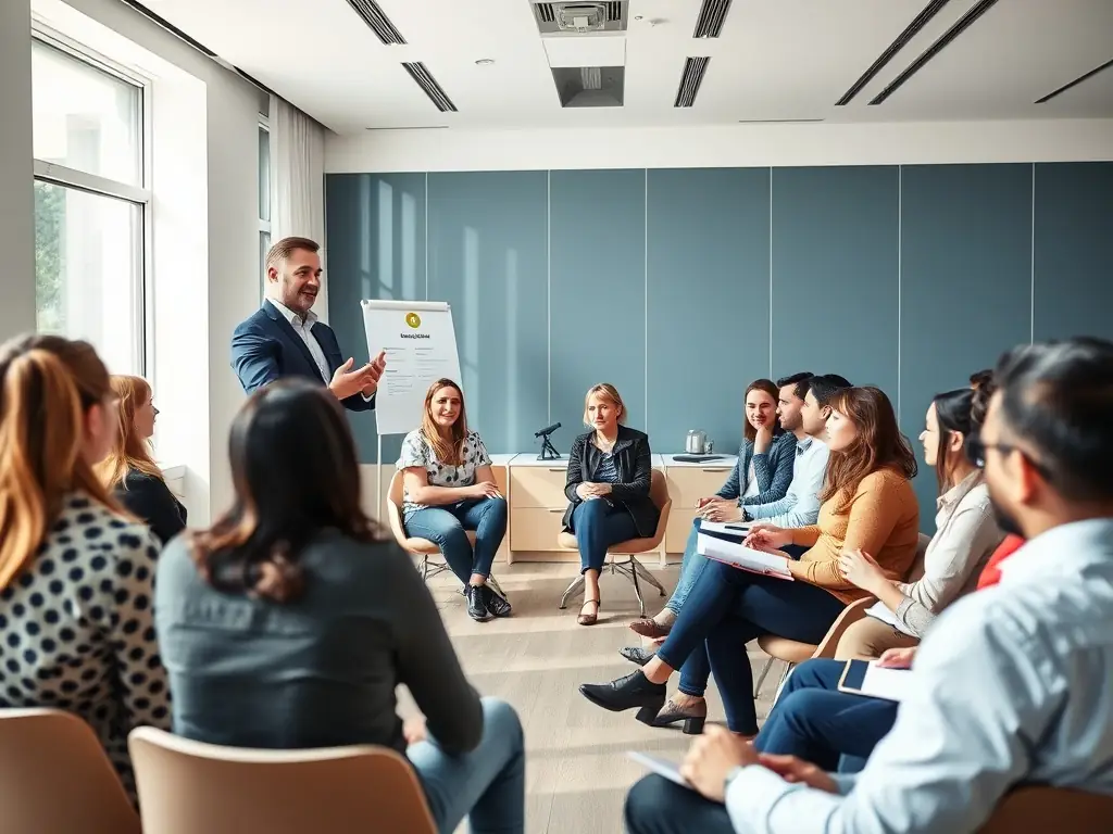 A consultant facilitating a workshop on technology strategy frameworks, with participants actively engaged in discussions and brainstorming sessions.