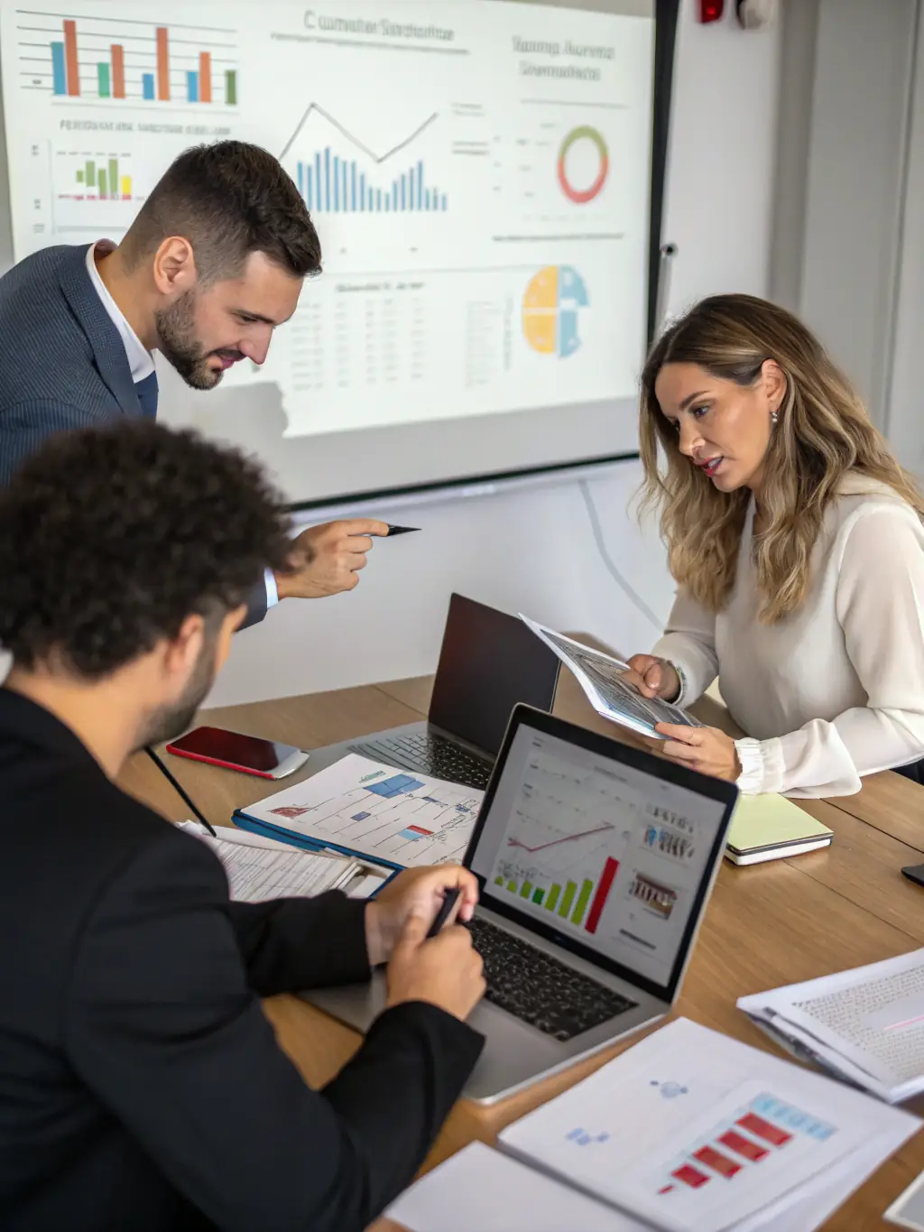 A professional team is developing technology strategy frameworks in a modern office, emphasizing collaboration and strategic planning.